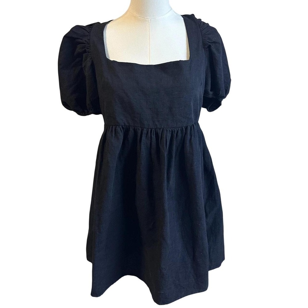 Romantic Babydoll Black Puff Sleeve Mini Dress 12 Tie Open Back Summer Cute